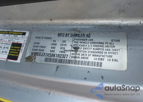 2008 Smart Fortwo Passion/Pure z USA, uszkodzony, nr VIN WMEEJ31X58K182327